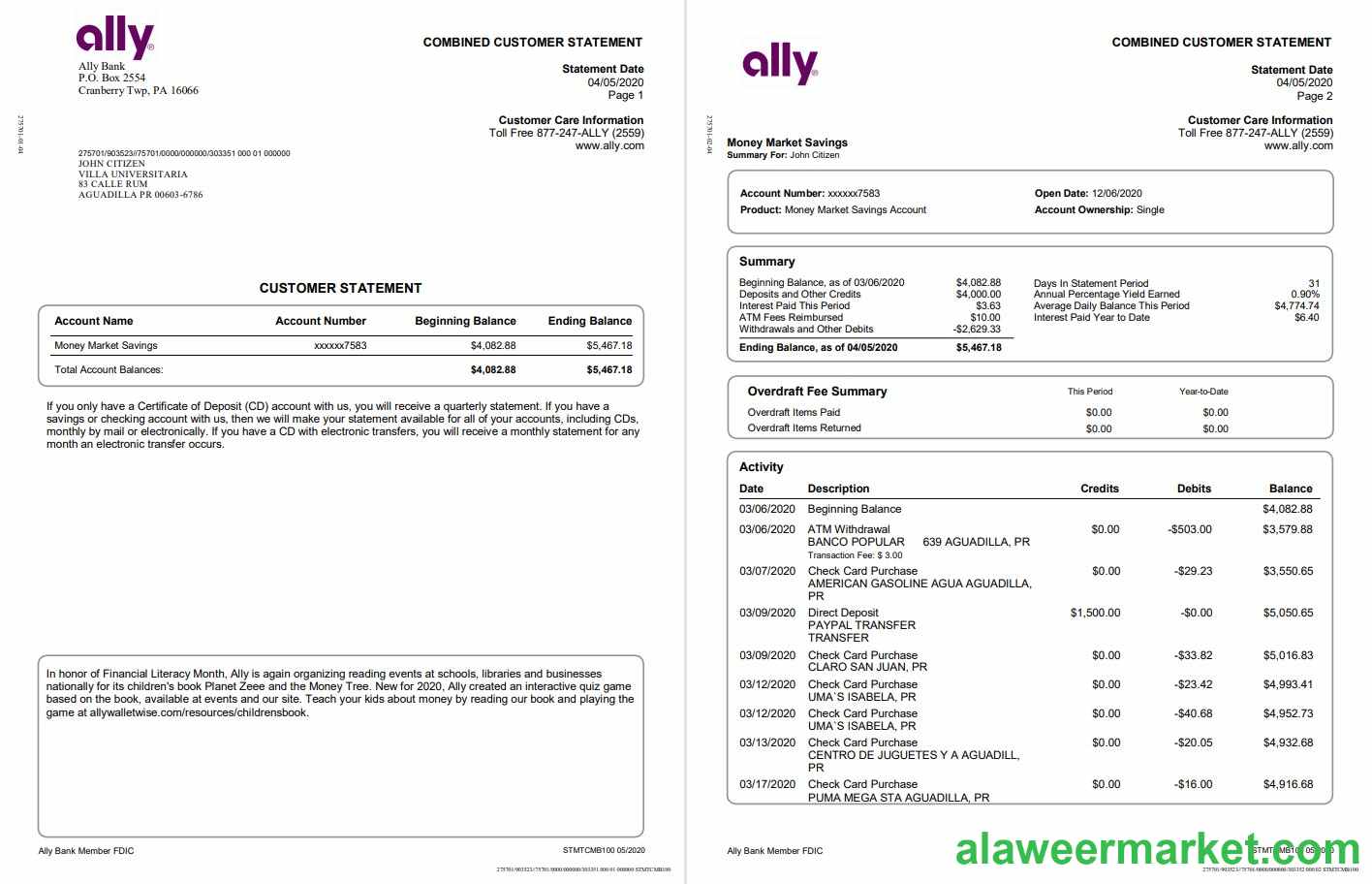 USA Ally Bank statement template in Word and PDF format (4 pages)